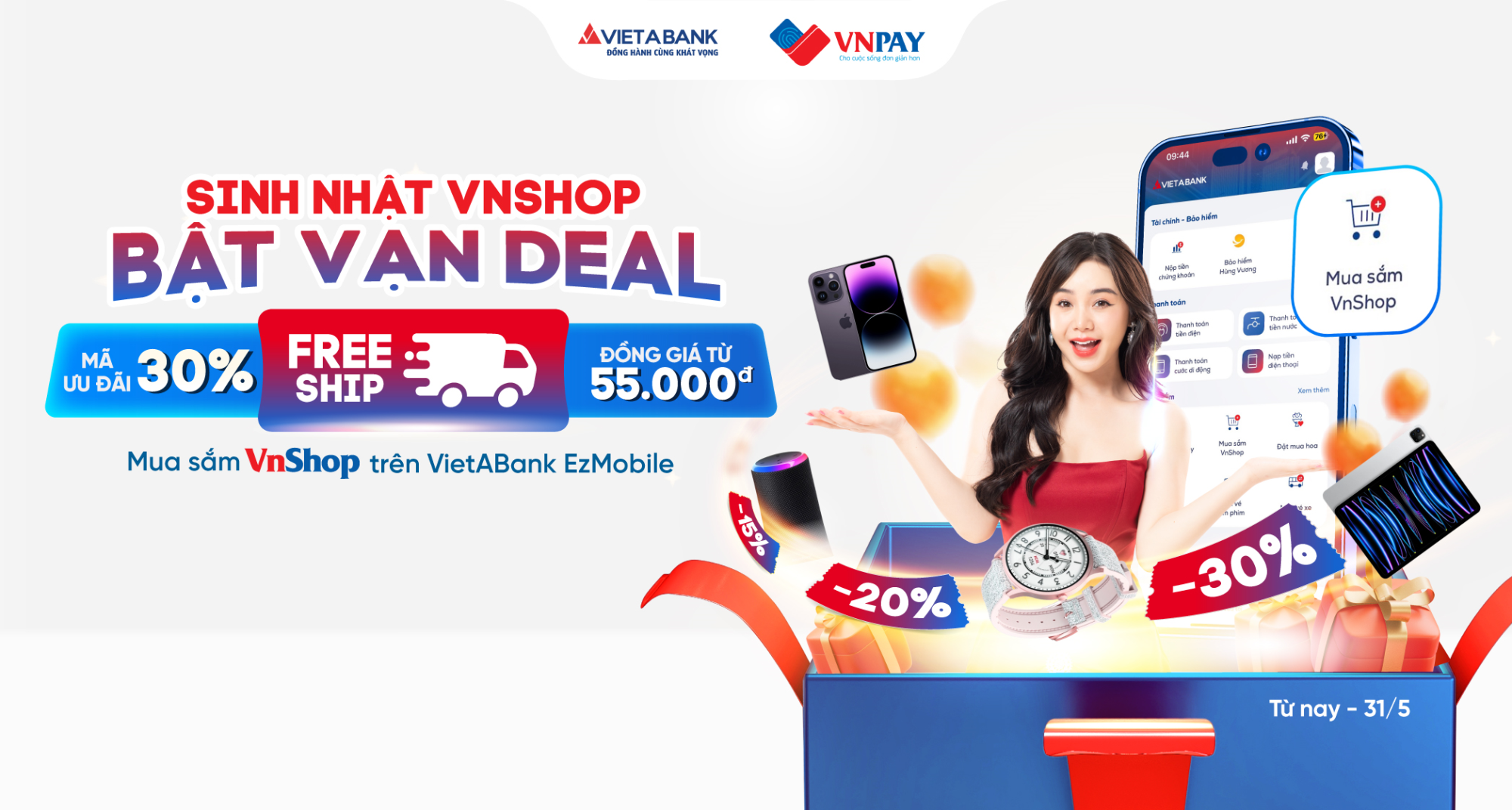 "Sinh nhật VNSHOP bật vạn deal" trên VietABank EzMobile